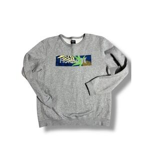 Hurley Surf Check Paradise Men's Crew Sweatshirt Tropical Print Pullover Gray M